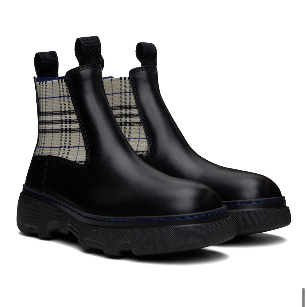💰⬇️BURBERRY Black Leather Chelsea Boot with Blue Plaid Accent Men’s EU 45 - Picture 14 of 16